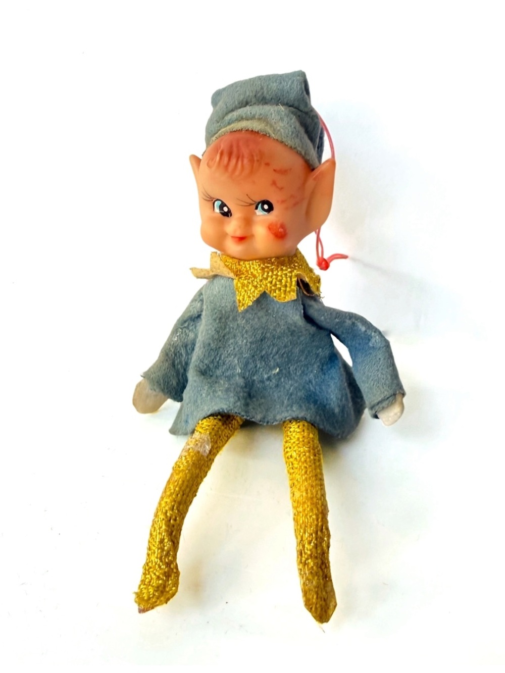 Vintage Mid Century Christmas Pixie Elf Blue Felt Gold Ornament Rubber Face